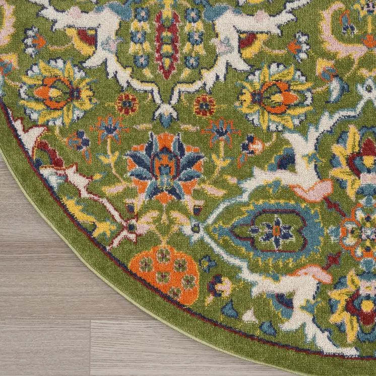 4' Green Yellow Blue and Red Round Floral Power Loom Area Rug