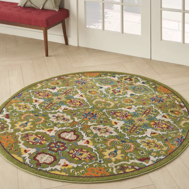 4' Green Red And Orange Floral Medallion Round Rug