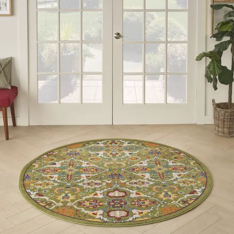 4' Green Red And Orange Floral Medallion Round Rug