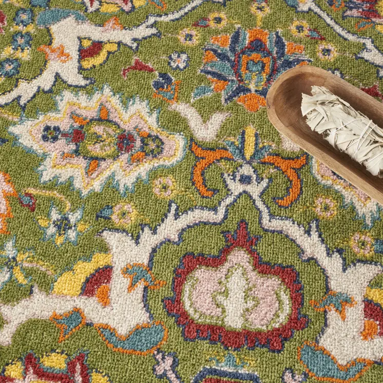 4' Green Yellow Blue and Red Round Floral Power Loom Area Rug