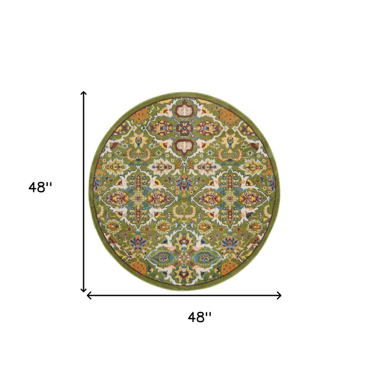 4' Green Yellow Blue and Red Round Floral Power Loom Area Rug