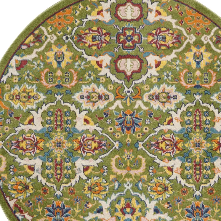4' Green Yellow Blue and Red Round Floral Power Loom Area Rug