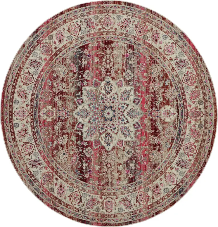 4' Ivory And Red Floral Distressed Round Rug