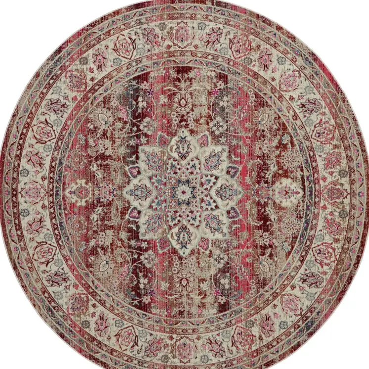 4' Ivory And Red Floral Distressed Round Rug