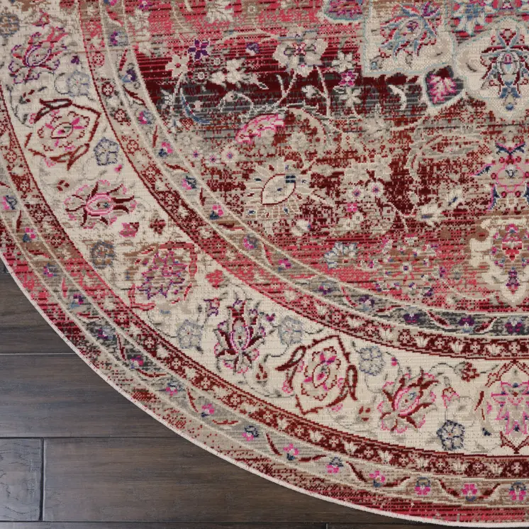 4' Ivory And Red Floral Distressed Round Rug