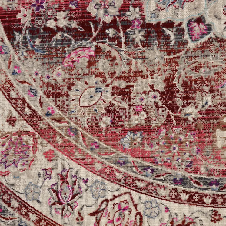 4' Ivory And Red Floral Distressed Round Rug