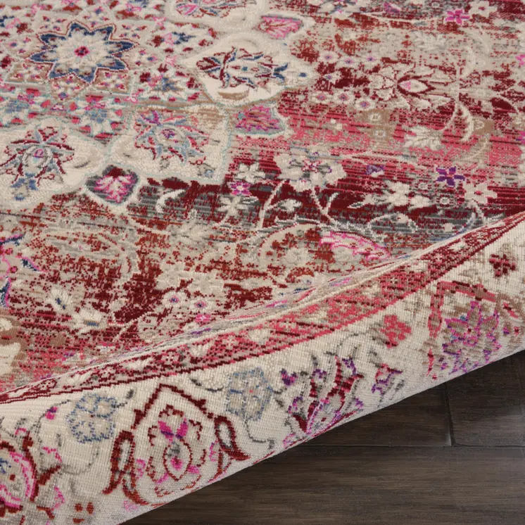 4' Ivory And Red Floral Distressed Round Rug