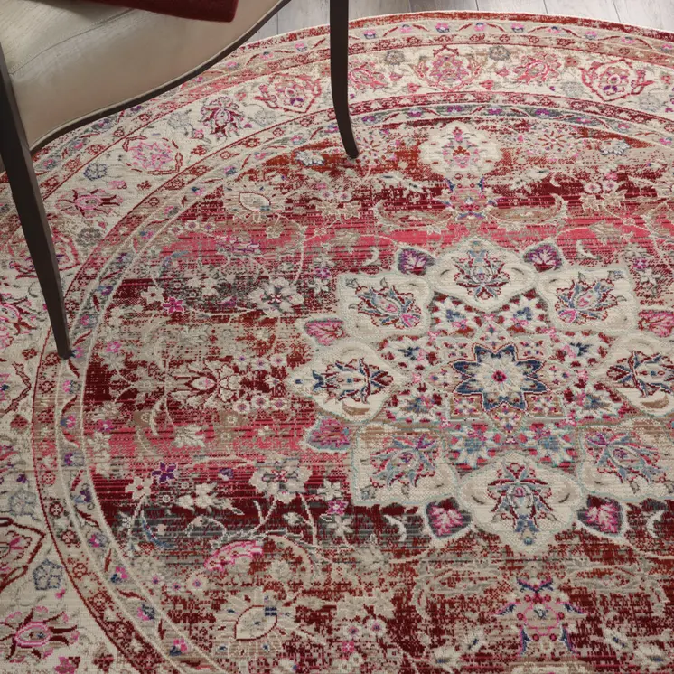 4' Ivory And Red Floral Distressed Round Rug