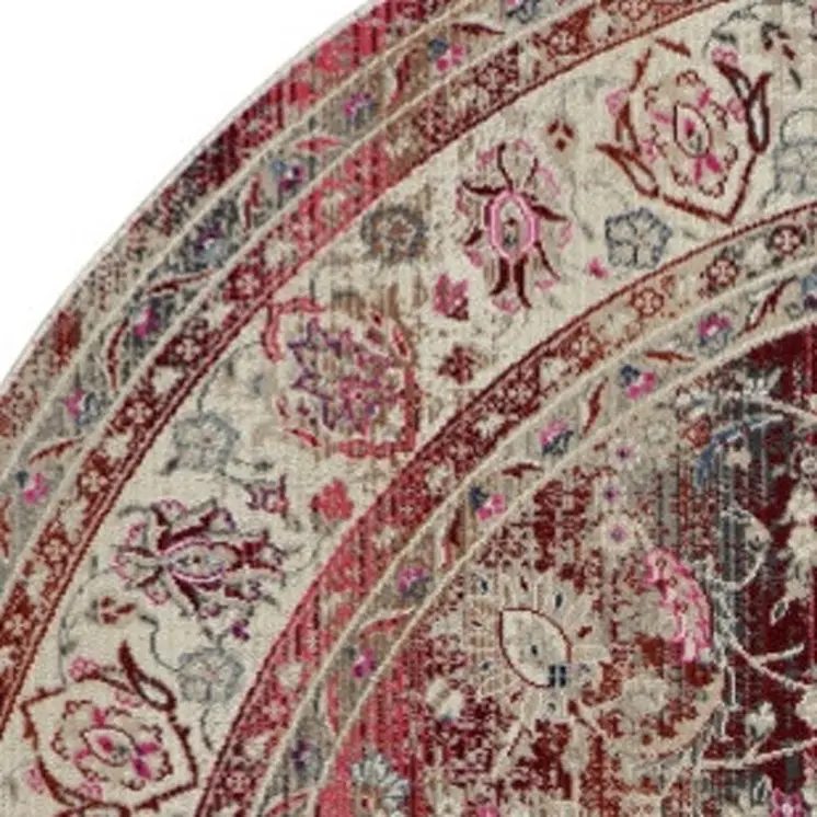 4' Ivory And Red Floral Distressed Round Rug
