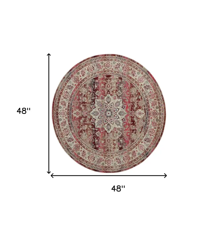 4' Ivory And Red Floral Distressed Round Rug