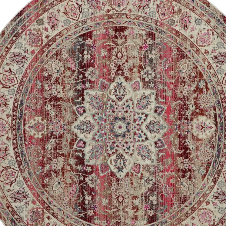 4' Ivory And Red Floral Distressed Round Rug