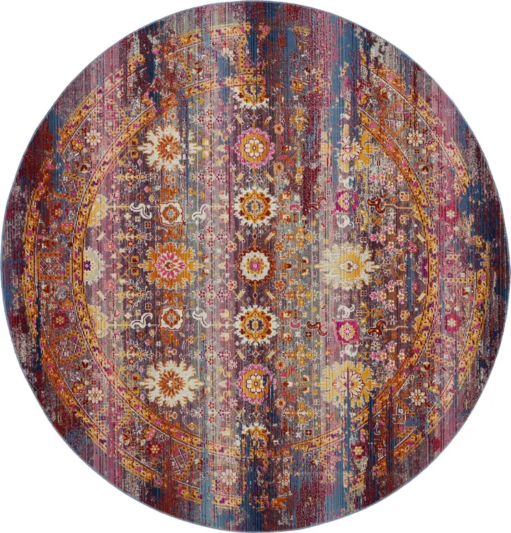 4' Blue Yellow And Red Floral Distressed Round Rug