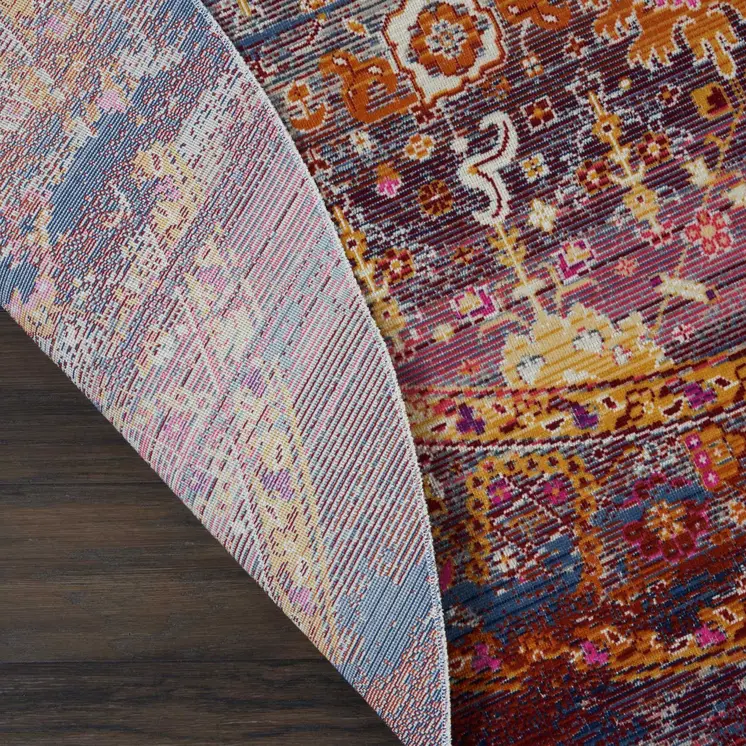 4' Blue Yellow And Red Floral Distressed Round Rug