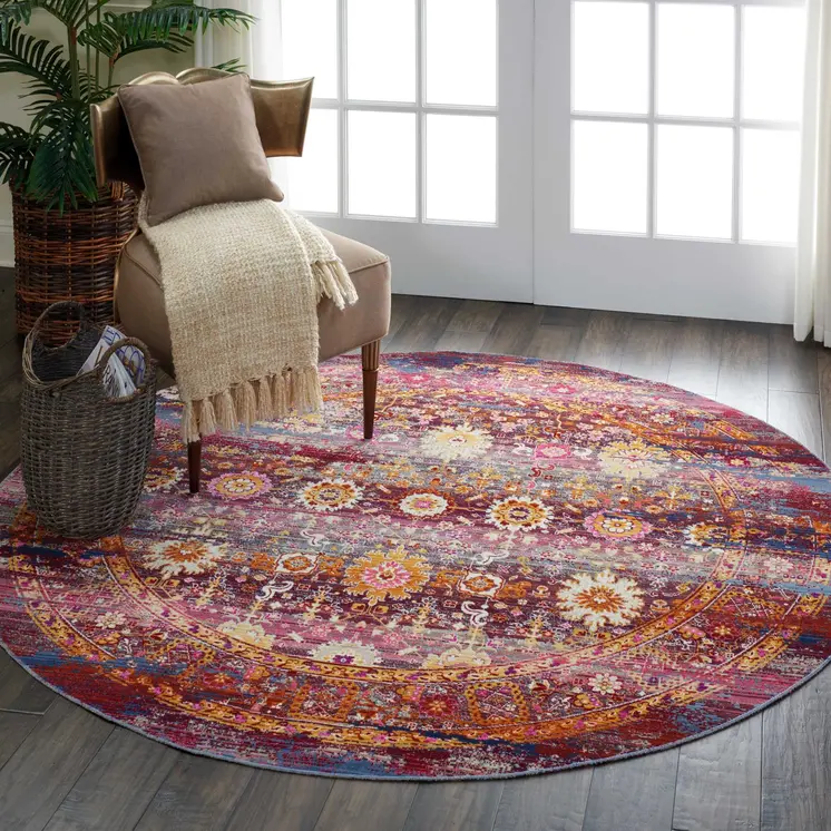4' Blue Yellow And Red Floral Distressed Round Rug