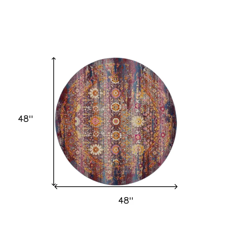 4' Blue Yellow And Red Floral Distressed Round Rug