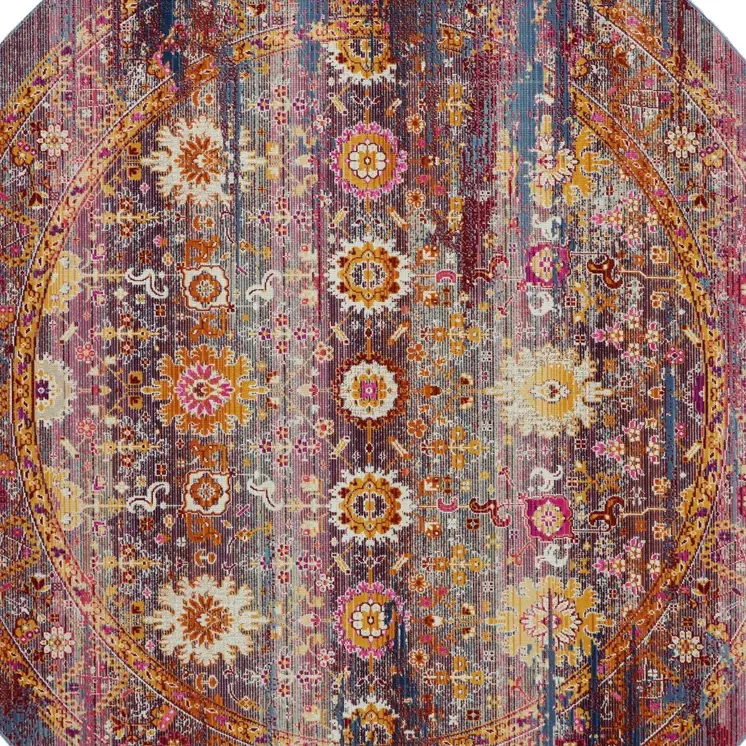 4' Blue Yellow And Red Floral Distressed Round Rug