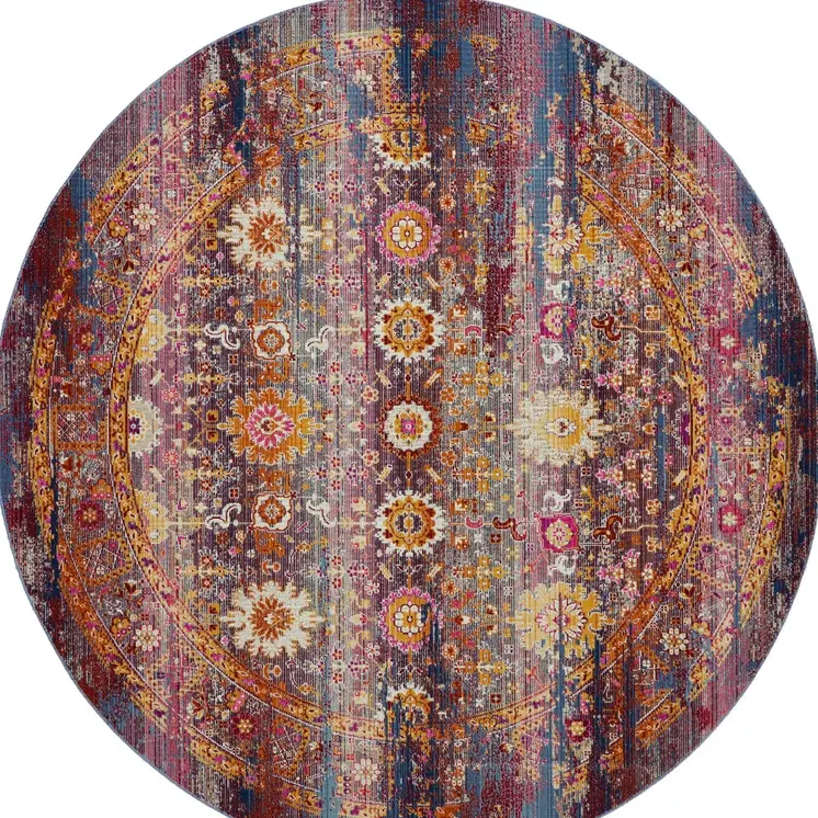 4' Blue Yellow And Red Floral Distressed Round Rug