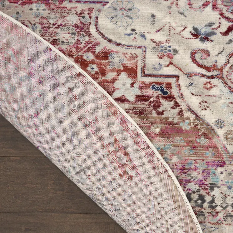 4' Ivory Red And Brown Floral Distressed Round Rug