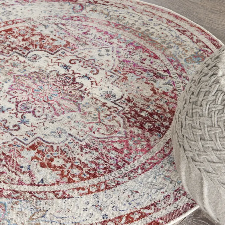 4' Ivory Red And Brown Floral Distressed Round Rug