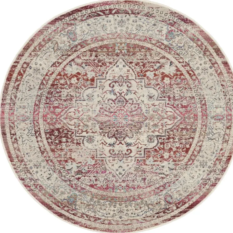 4' Ivory Red And Brown Floral Distressed Round Rug