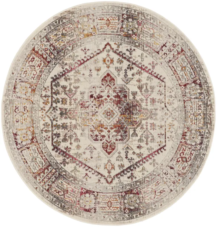 4' Ivory Red And Orange Floral Distressed Round Rug