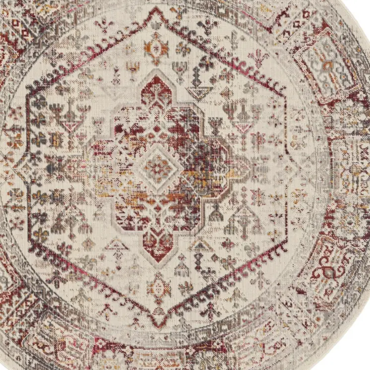 4' Ivory Red And Orange Floral Distressed Round Rug