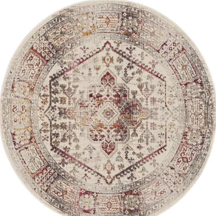 4' Ivory Red And Orange Floral Distressed Round Rug