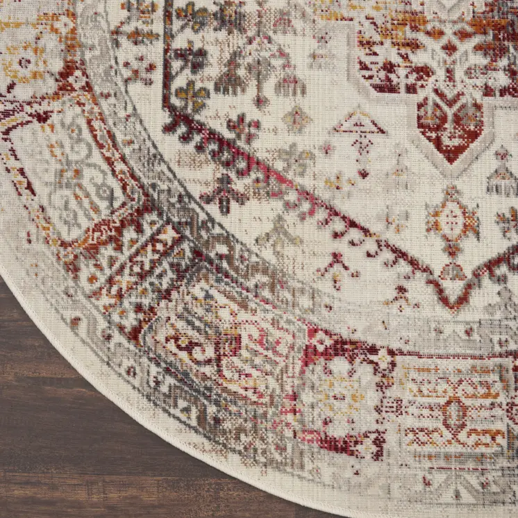 4' Ivory Red And Orange Floral Distressed Round Rug