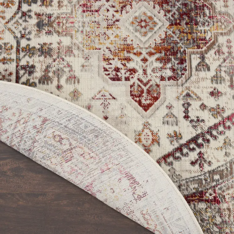 4' Ivory Red And Orange Floral Distressed Round Rug