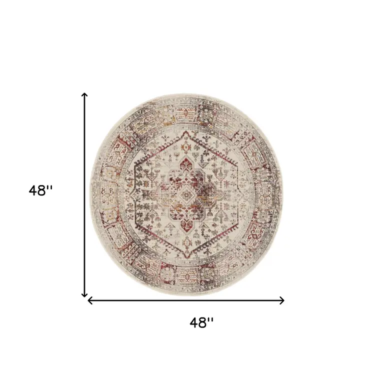 4' Ivory Red And Orange Floral Distressed Round Rug