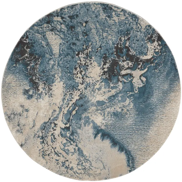 4' Ivory Teal Blue and Black Abstract Round Rug
