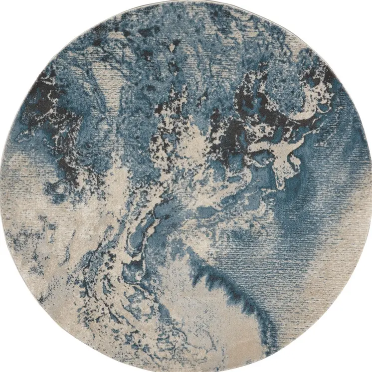 4' Ivory Teal Blue and Black Abstract Round Rug