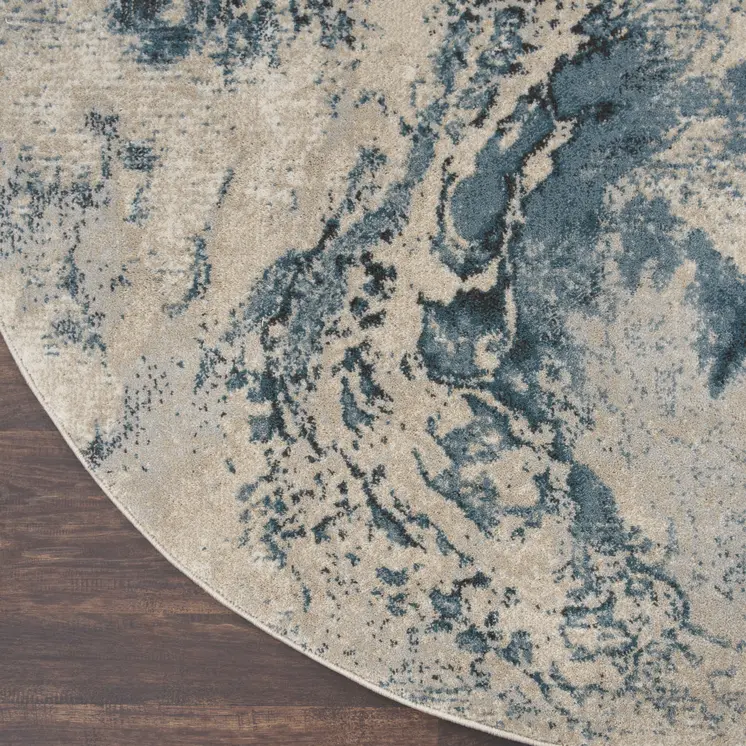 4' Ivory Teal Blue and Black Abstract Round Rug