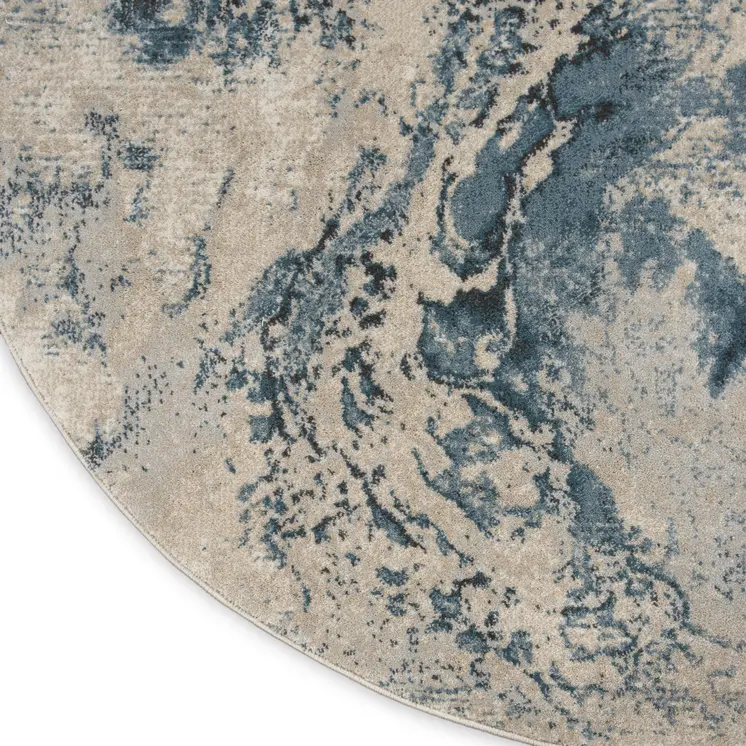 4' Ivory Teal Blue and Black Abstract Round Rug