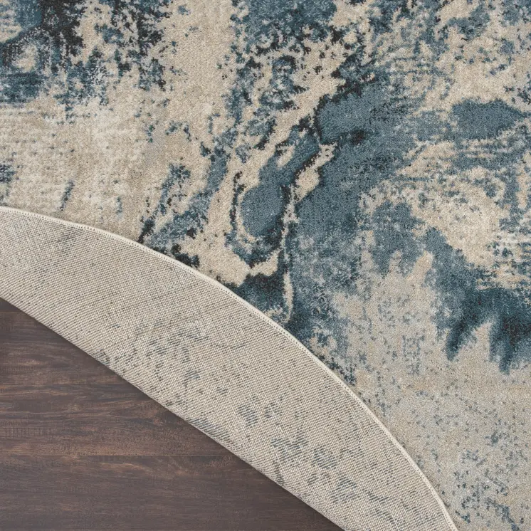 4' Ivory Teal Blue and Black Abstract Round Rug