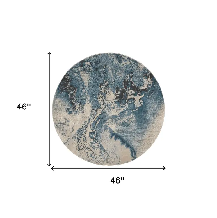 4' Ivory Teal Blue and Black Abstract Round Rug