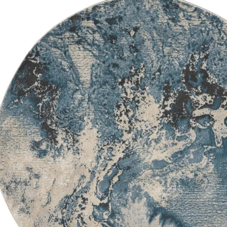 4' Ivory Teal Blue and Black Abstract Round Rug