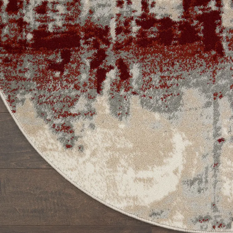 4' Ivory Red and Gray Abstract Round Rug