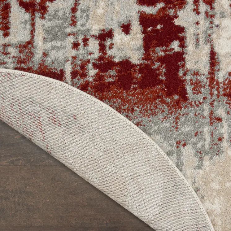4' Ivory Red and Gray Abstract Round Rug