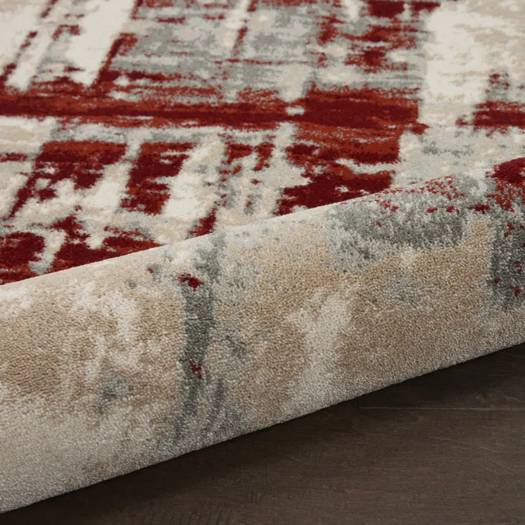4' Ivory Red and Gray Abstract Round Rug