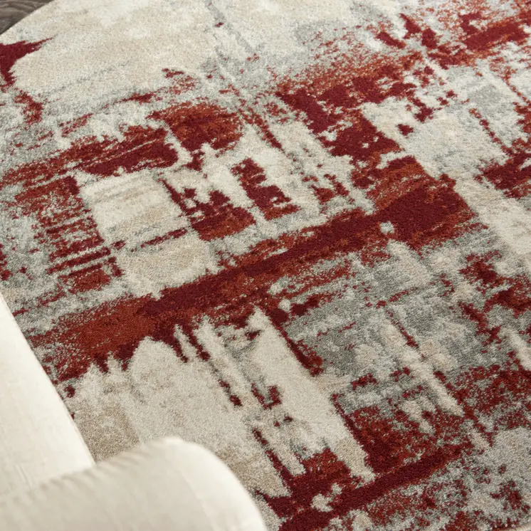4' Ivory Red and Gray Abstract Round Rug