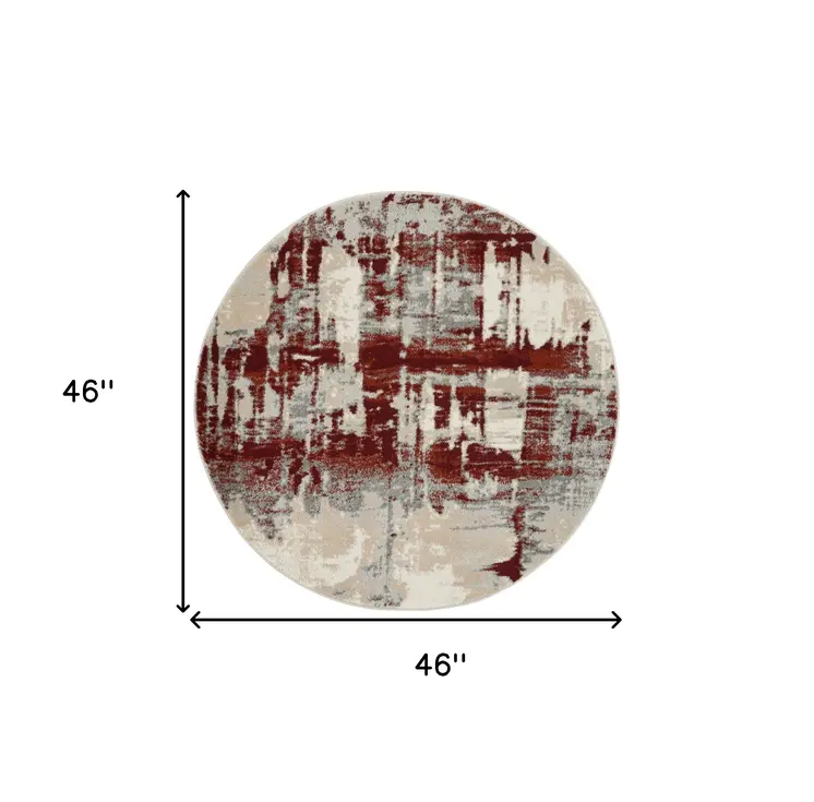 4' Ivory Red and Gray Abstract Round Rug