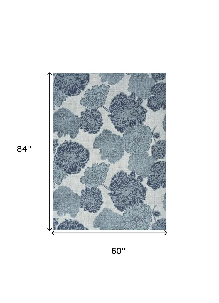 5' X 7' Navy Blue Ivory And Blue Floral Indoor Outdoor Area Rug