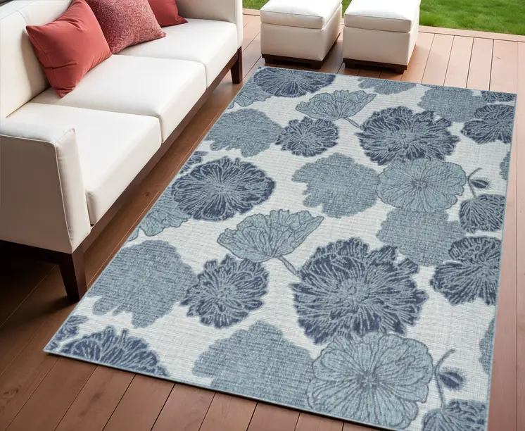 4' X 6' Navy Blue Ivory And Blue Floral Indoor Outdoor Area Rug