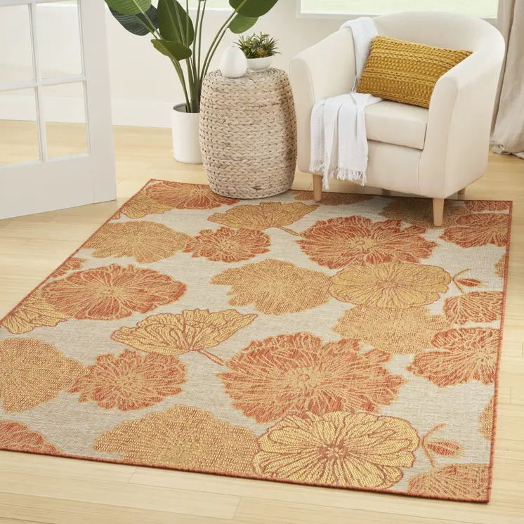 4' X 6' Coral And Beige Floral Indoor Outdoor Area Rug