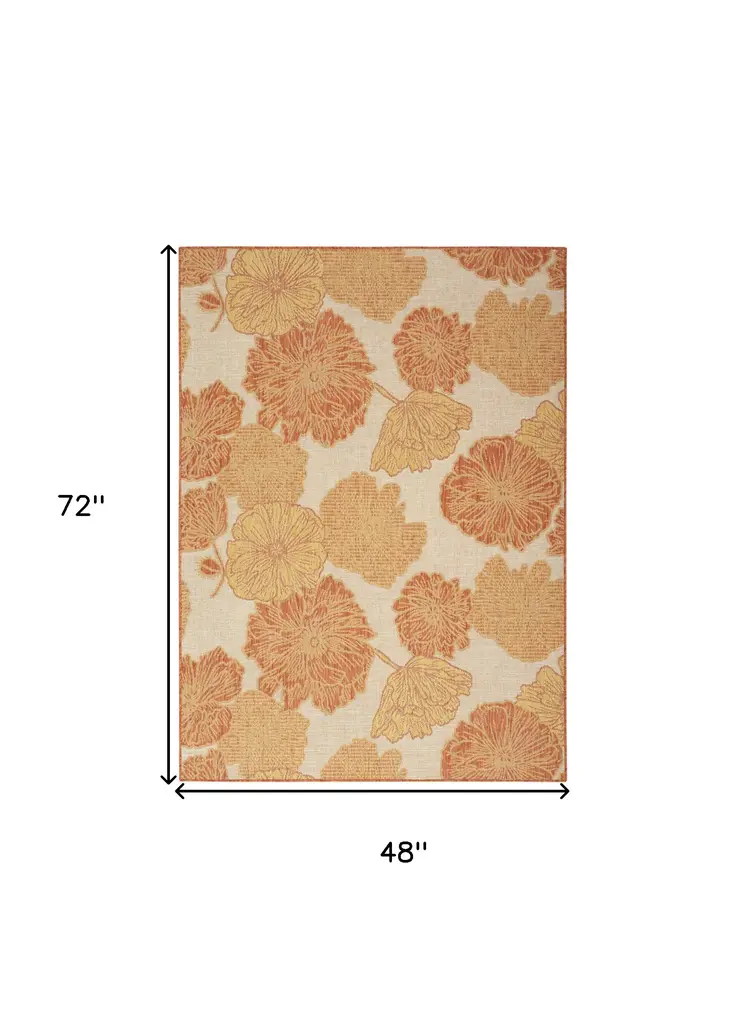 4' X 6' Coral And Beige Floral Indoor Outdoor Area Rug