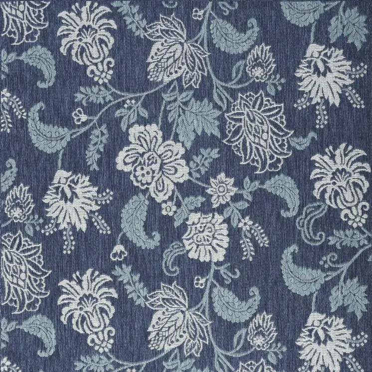 5' X 7' Navy Blue Sky Blue And Ivory Floral Indoor Outdoor Area Rug