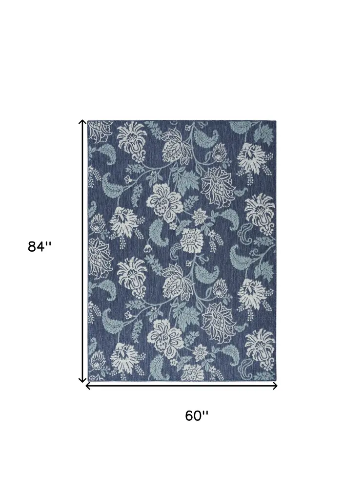 5' X 7' Navy Blue Sky Blue And Ivory Floral Indoor Outdoor Area Rug