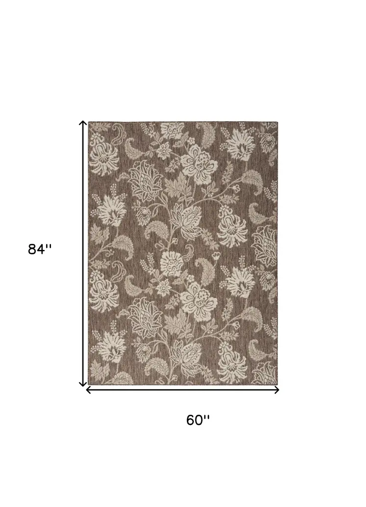 5' X 7' Brown And Ivory Floral Indoor Outdoor Area Rug