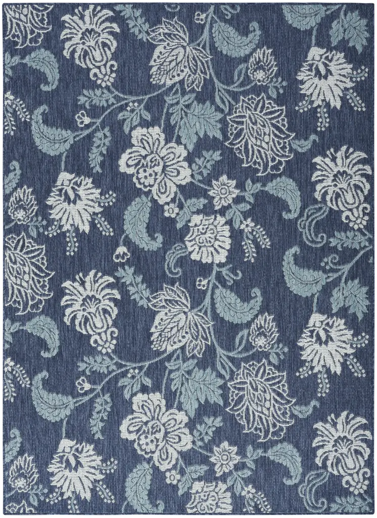 4' X 6' Navy Blue Sky Blue And Ivory Floral Indoor Outdoor Area Rug